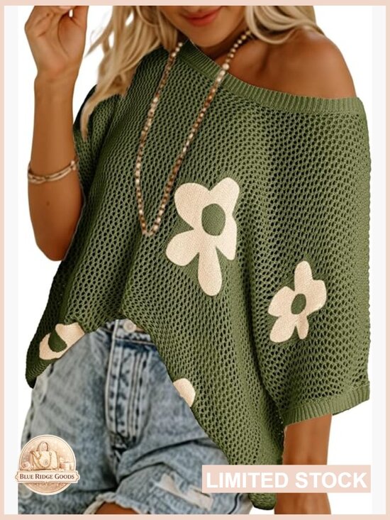 Sweaters - Short Sleeve Crochet Sweater Floral Knit Pullover Lightweight Beach Cover Up
